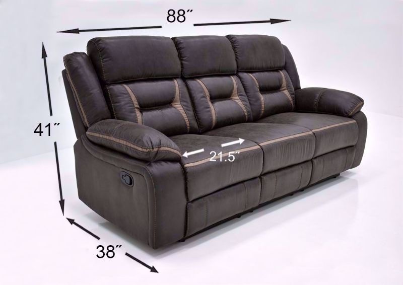 Chocolate Brown Acropolis Reclining Sofa by Standard Showing the Dimensions | Home Furniture Plus Bedding