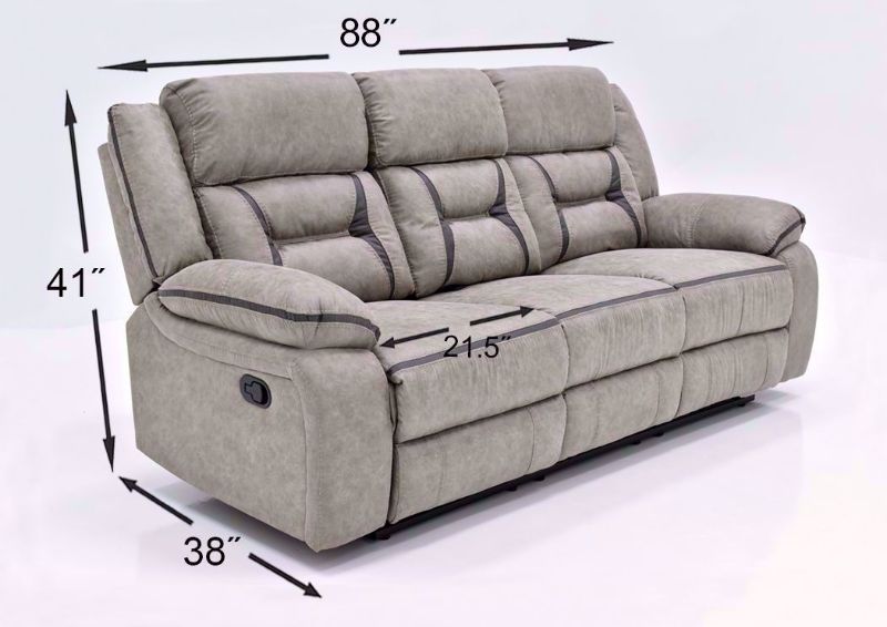 Taupe Acropolis Reclining Sofa by Standard Showing the Dimensions | Home Furniture Plus Bedding