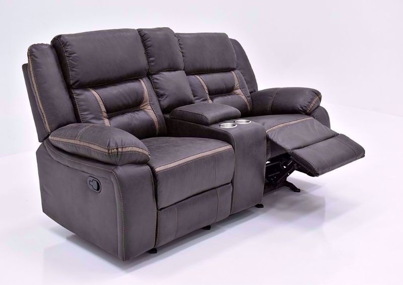 Chocolate Brown Acropolis Reclining Loveseat by Standard at an Angle With One Recliner Open | Home Furniture Plus Bedding
