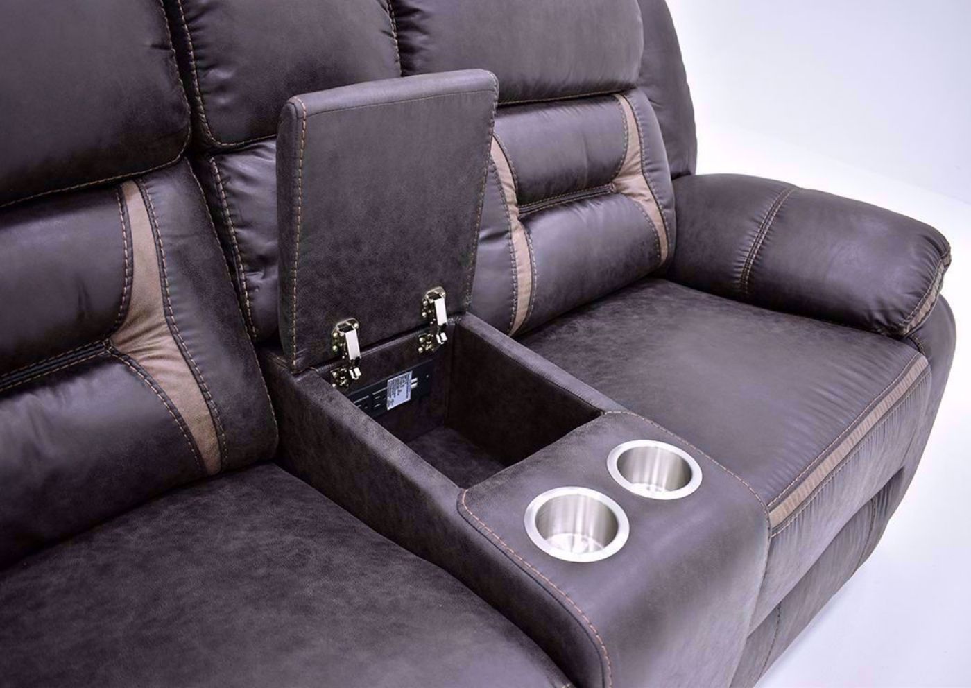 Chocolate Brown Acropolis Reclining Loveseat by Standard Showing the Storage Console and Cupholders | Home Furniture Plus Bedding