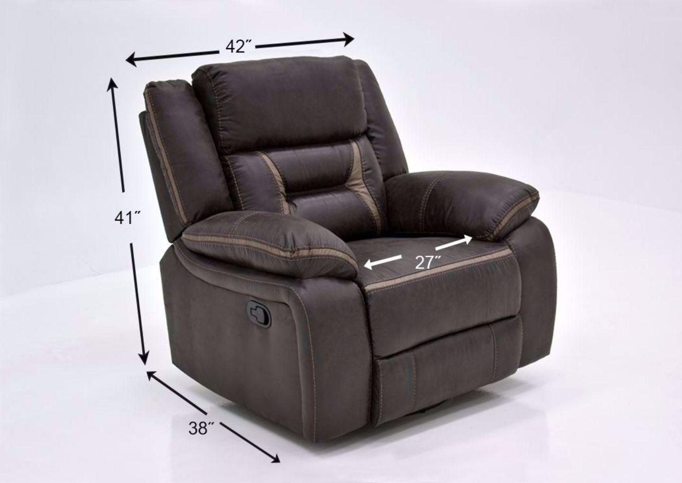 Chocolate Brown Acropolis Swivel Glider Recliner by Standard Showing the Dimensions | Home Furniture Plus Mattress