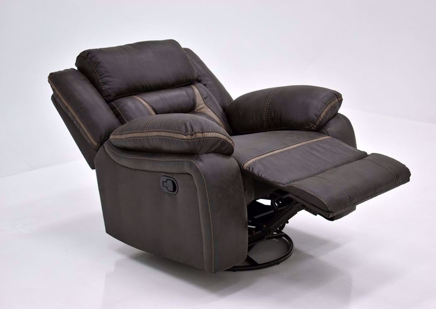 Chocolate Brown Acropolis Swivel Glider Recliner by Standard at an Angle in a Fully Reclined Position | Home Furniture Plus Mattress