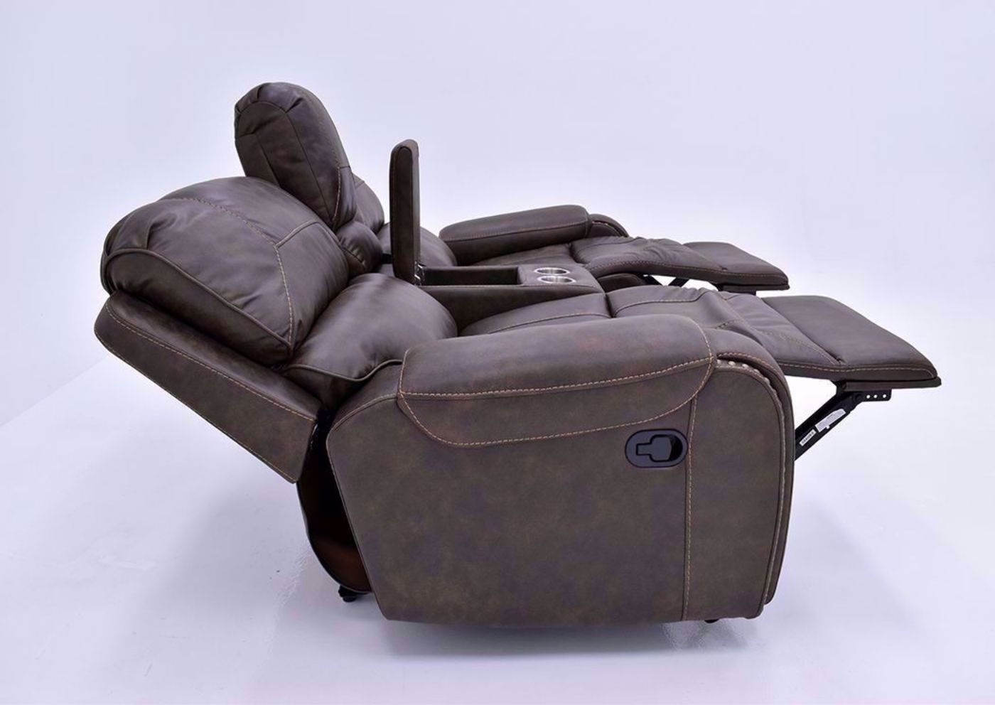 Saddle Brown Clayton Reclining Loveseat by Standard Showing the Side View in a Fully Reclined Position | Home Furniture Plus Bedding