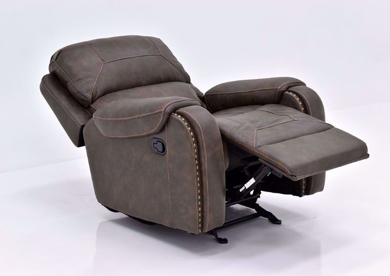 Saddle Brown Clayton Glider Swivel Recliner by Standard at an Angle in a Fully Reclined Position | Home Furniture Plus Mattress