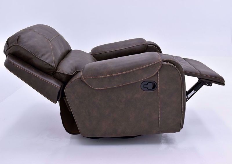 Saddle Brown Clayton Glider Swivel Recliner by Standard Showing the Side View in a Fully Reclined Position | Home Furniture Plus Mattress