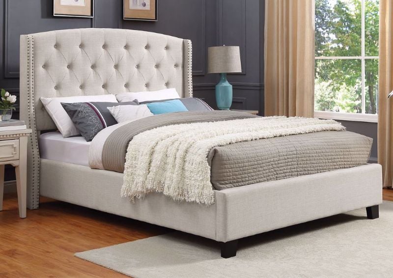 White Eva King Size Upholstered Bed at an Angle in a Room Setting | Home Furniture Plus Mattress