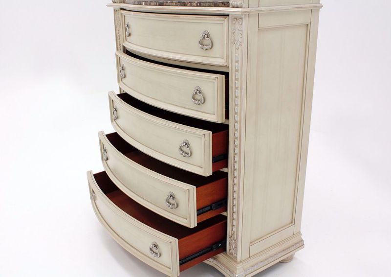 Antique White Stanley Chest of Drawers at an Angle With the Drawers Open | Home Furniture Plus Mattress