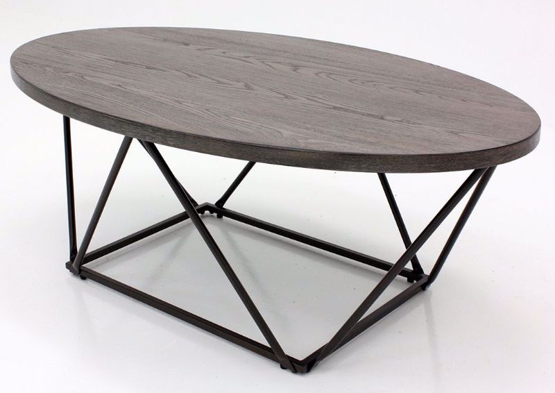 Angle View of Oval Neimhurst Coffee Table by Ashley with Elm Veneer Top and Metallic Truss Base | Home Furniture Plus Bedding