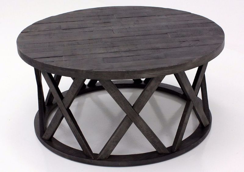 Round Table Top and Side View of Base of the Sharzane Coffee Table by Ashley with Dark Gray Finish | Home Furniture + Bedding