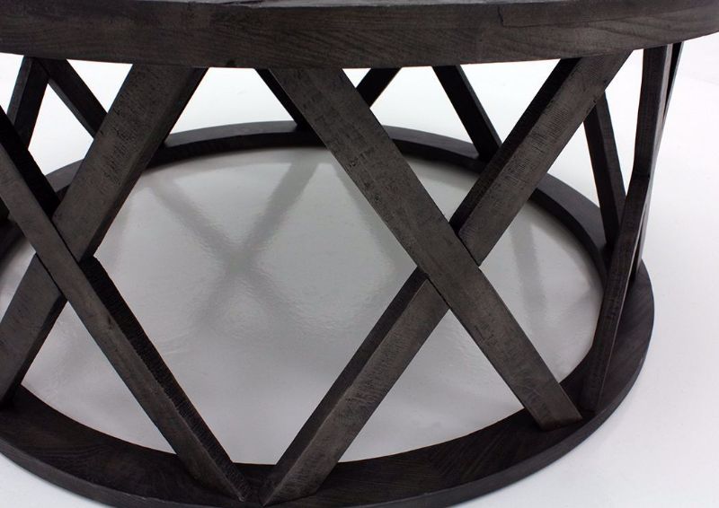 Close Up of the Base Design of the Sharzane Coffee Table by Ashley with Dark Gray Finish | Home Furniture + Bedding