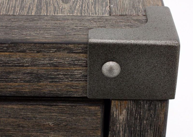 Close Up of Silver Tone Corner Accents on the Chazney End Table by Ashley with 1 Drawer | Home Furniture Plus Bedding