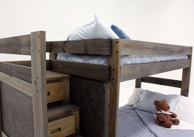 Brown Duncan Twin over Full Staircase Bunk Bed Showing the Stairs and Top Rails | Home Furniture Plus Mattress