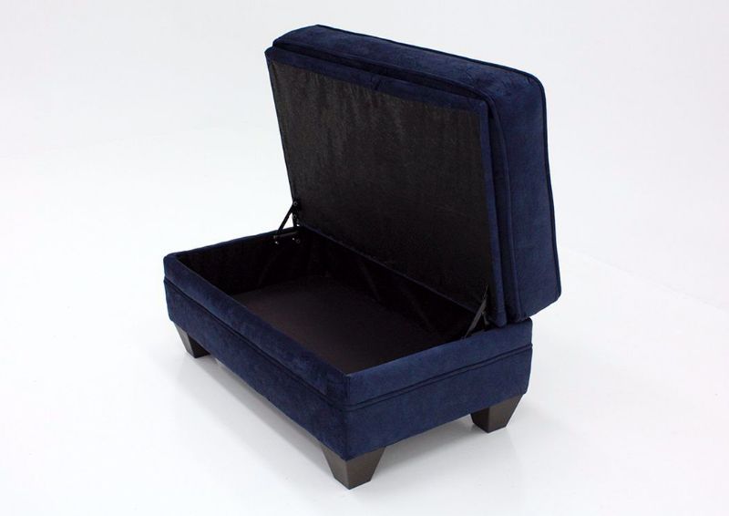 Navy Blue Athena Storage Ottoman by American Furniture at an Angle with the Lid Open | Home Furniture Plus Bedding
