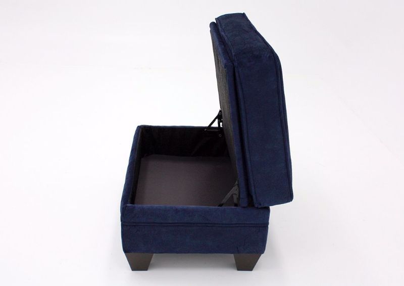 Navy Blue Athena Storage Ottoman by American Furniture, Side View with the Lid Open | Home Furniture Plus Bedding