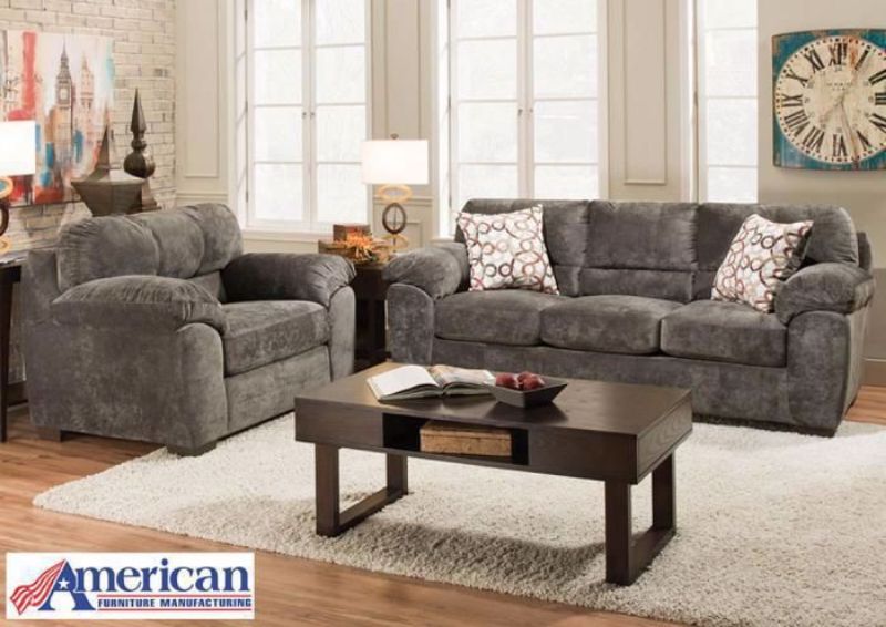 Steel Gray Microfiber Upholstered Telluride Sofa Set by American Furniture Manufacturing Includes Sofa, Loveseat and Chair | Home Furniture + Mattress