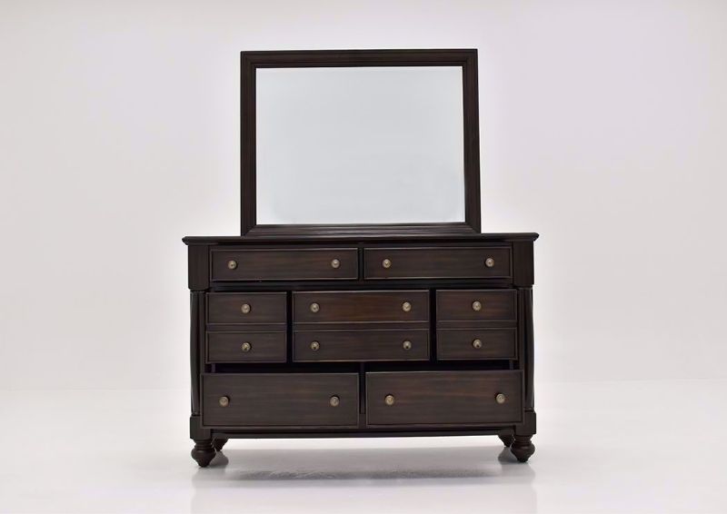 Dark Cherry Brown Harrison Dresser with Mirror by Austin Showing the Front View With the Drawers Open | Home Furniture Plus Mattress