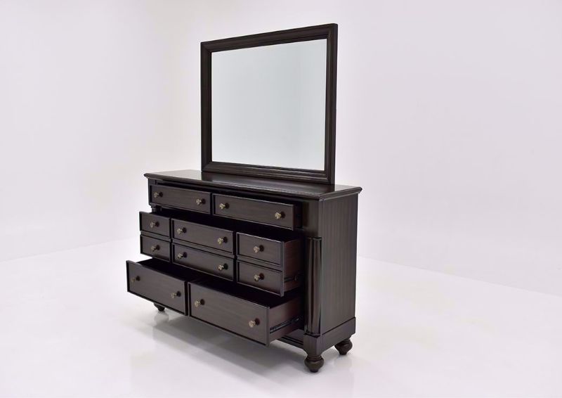 Dark Cherry Brown Harrison Dresser with Mirror by Austin Showing the Angle View With the Drawers Open | Home Furniture Plus Mattress