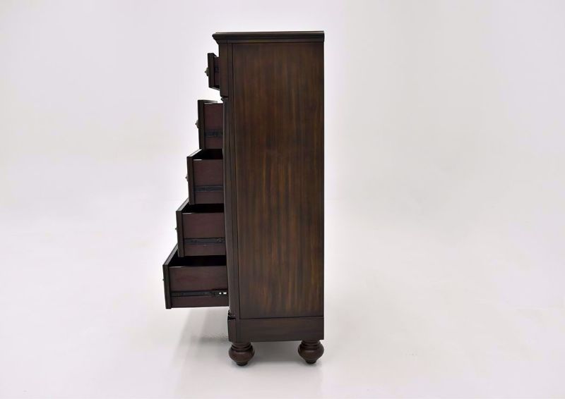 Dark Cherry Brown Harrison Chest of Drawers by Austin Showing the Side View With the Drawers Open | Home Furniture Plus Mattress