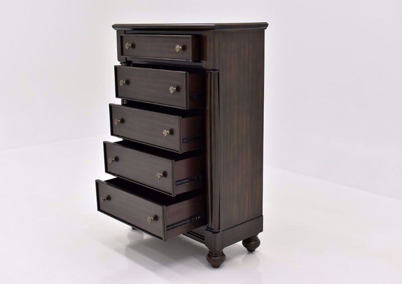 Dark Cherry Brown Harrison Chest of Drawers by Austin Showing the Angle View With the Drawers Open | Home Furniture Plus Mattress