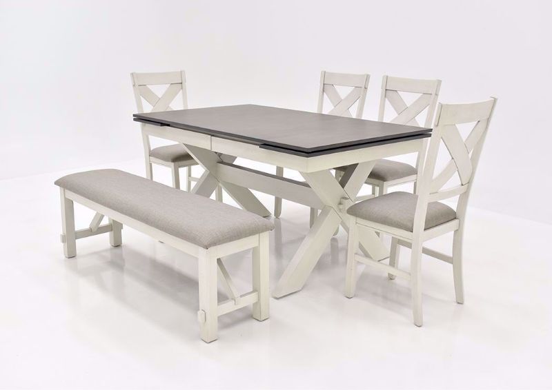 White and Brown Homestead Dining Set with Bench by Bernards at an Angle with no Leaves | Home Furniture Plus Bedding