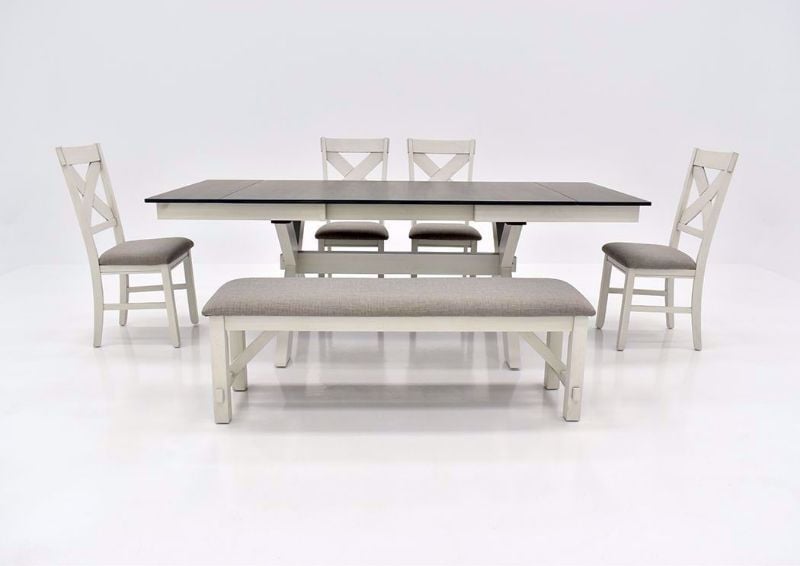White and Brown Homestead Dining Set with Bench by Bernards Facing Front with Leaves Open | Home Furniture Plus Bedding