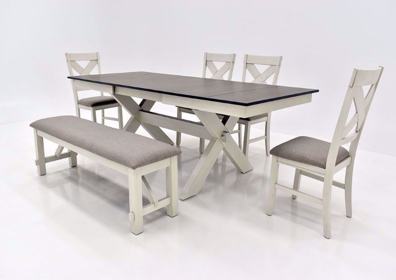 White and Brown Homestead Dining Set with Bench by Bernards at an Angle with Leaves Open | Home Furniture Plus Bedding