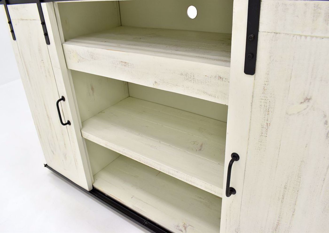Distressed White Maverick TV Stand by Vintage Showing the Center Shelves | Home Furniture Plus Bedding