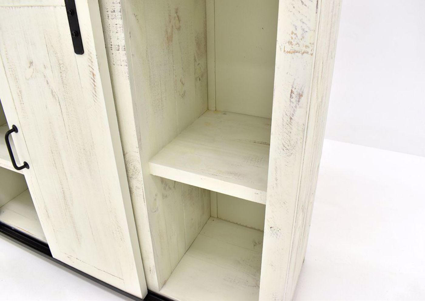 Distressed White Maverick TV Stand by Vintage Showing the Side Shelving Details | Home Furniture Plus Bedding