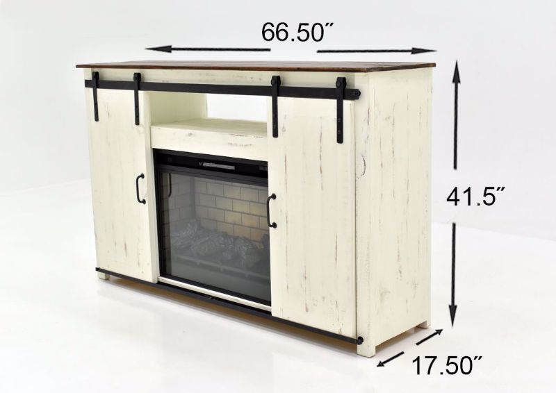 Image with Measurement Details of the Distressed White Maverick TV Stand by Vintage | Home Furniture Plus Bedding