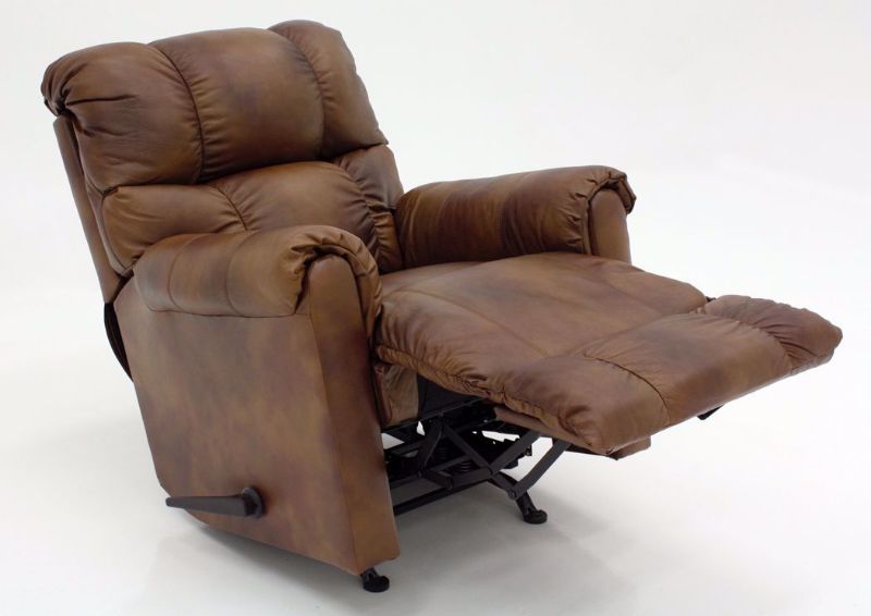 Light Brown Chaps Leather Rocker Recliner by Lane Home Furnishings at an Angle in a Fully Reclined Position | Home Furniture Plus Mattress
