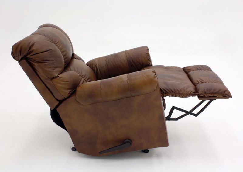 Light Brown Chaps Leather Rocker Recliner by Lane Home Furnishings Showing a Side View in a Fully Reclined Position | Home Furniture Plus Mattress