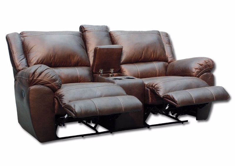 Brown Shiloh Reclining Loveseat by Simmons Upholstery, Brown at an Angle in the Reclined Position | Home Furniture Plus Mattress