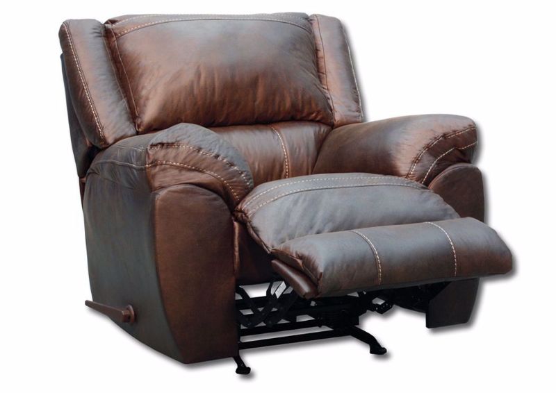Brown Shiloh Rocker Recliner by Simmons Upholstery at an Angle in the Reclined Position | Home Furniture Plus Mattress