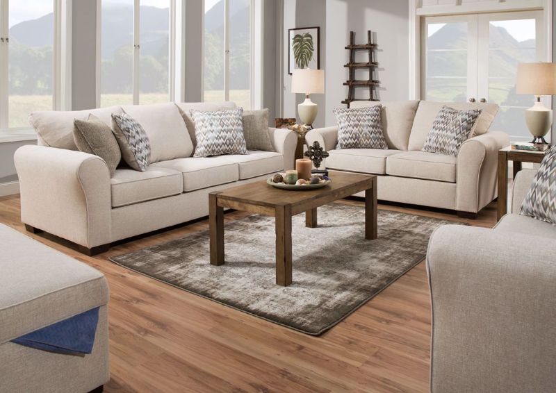 Cream Boston Sofa Set in a  Room View. Set Includes Sofa, Loveseat and Chair | Home Furniture Plus Bedding