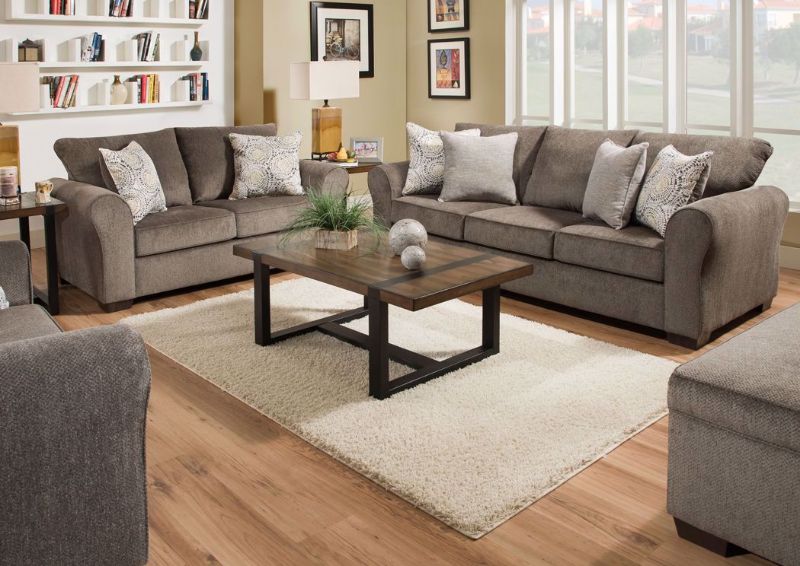 Ash Brown Harlow Sofa Set in a Room View. Set Includes Sofa, Loveseat and Chair | Home Furniture Plus Bedding
