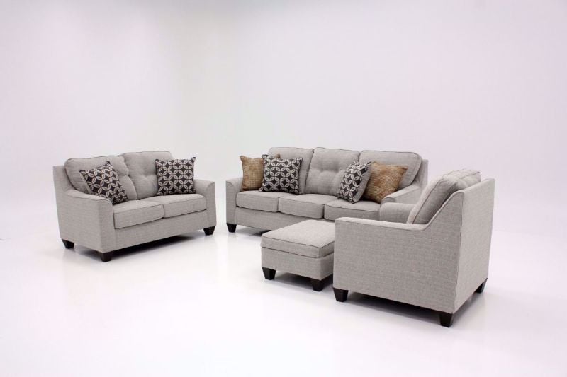 Right Side View of the Dante Sofa Set by Lane Home Furnishings in Light Brown Tweed Upholstery with Accent Pillows. Includes Sofa, Loveseat and Chair. Ottoman shown is sold separately | Home Furniture Plus Bedding