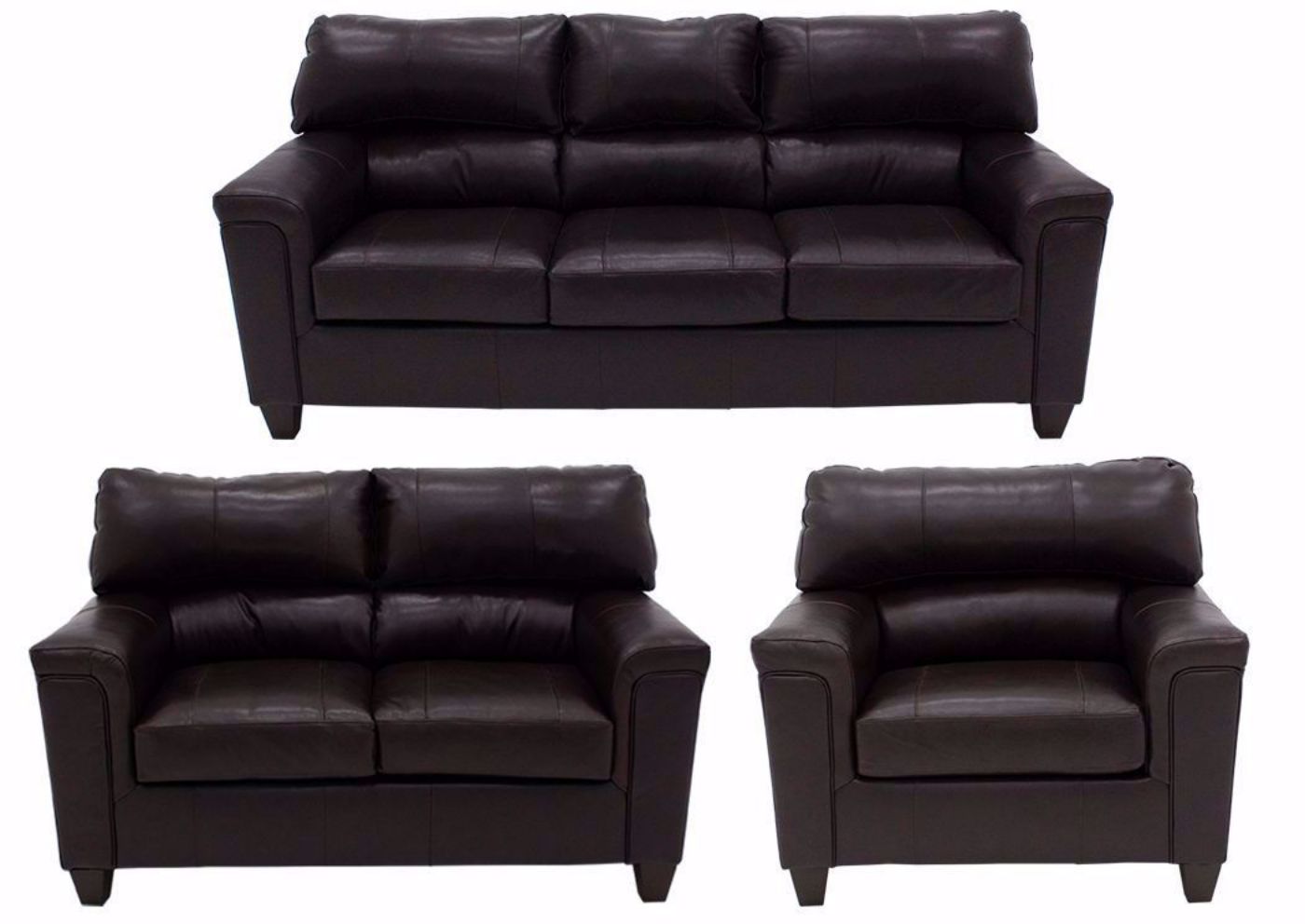 Soft Touch Sofa Set by Simmons Upholstery Covered in a Dark Brown Top Grain Leather. Includes Sofa, Loveseat and Chair | Home Furniture Bedding