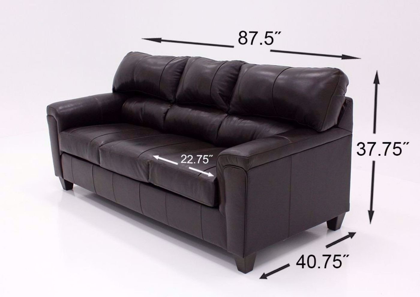 Dimension Details of the Soft Touch Sofa by Simmons Upholstery Covered in a Dark Brown Top Grain Leather | Home Furniture Plus Bedding