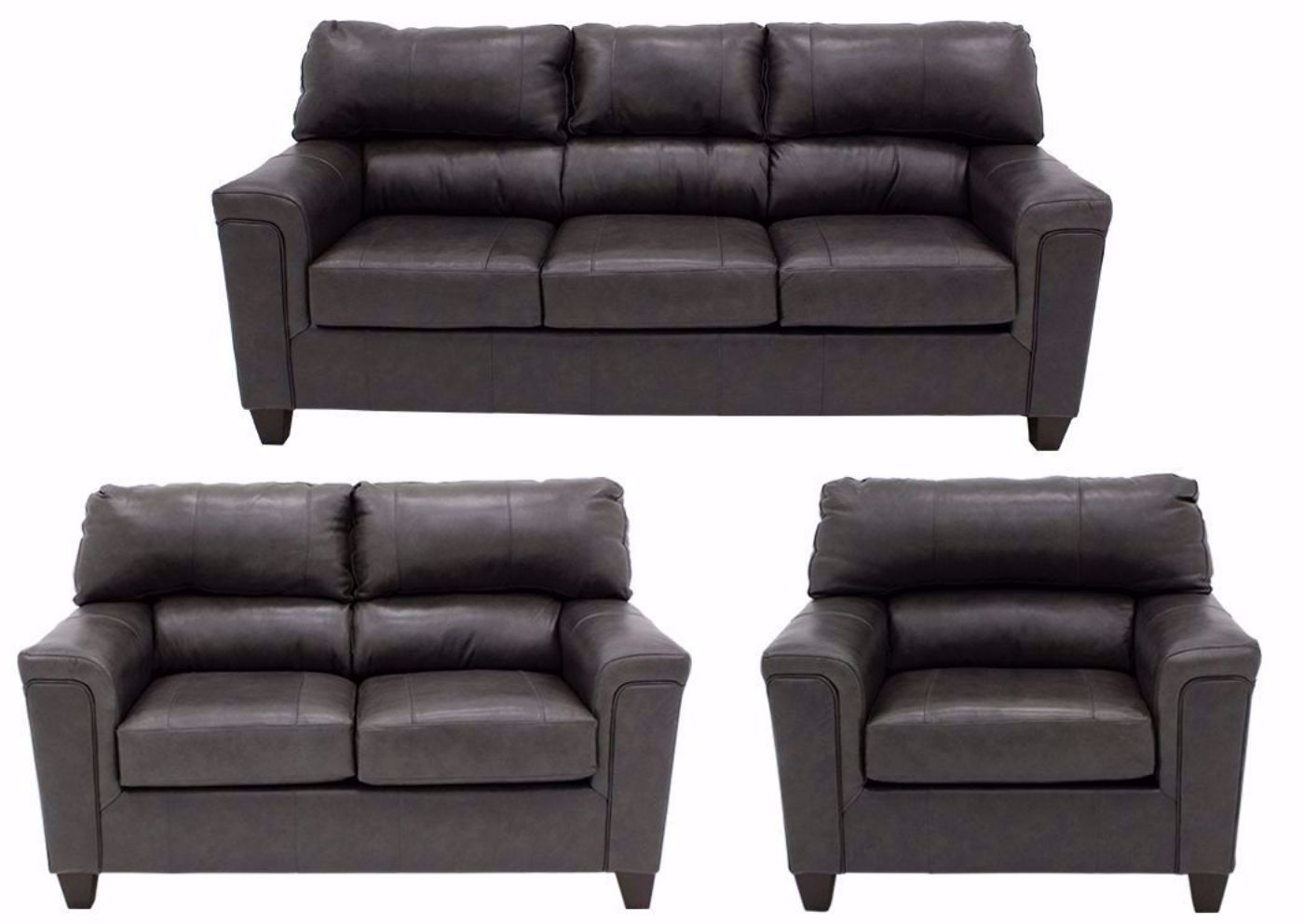 Soft Touch Sofa Set by Simmons Upholstery Covered in a Fog Gray Top Grain Leather. Includes Sofa, Loveseat and Chair | Home Furniture Plus Bedding