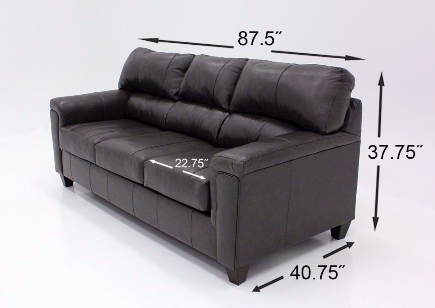 Dimension Details of the Soft Touch Sofa by Simmons Upholstery Covered in a Fog Gray Top Grain Leather | Home Furniture Plus Bedding