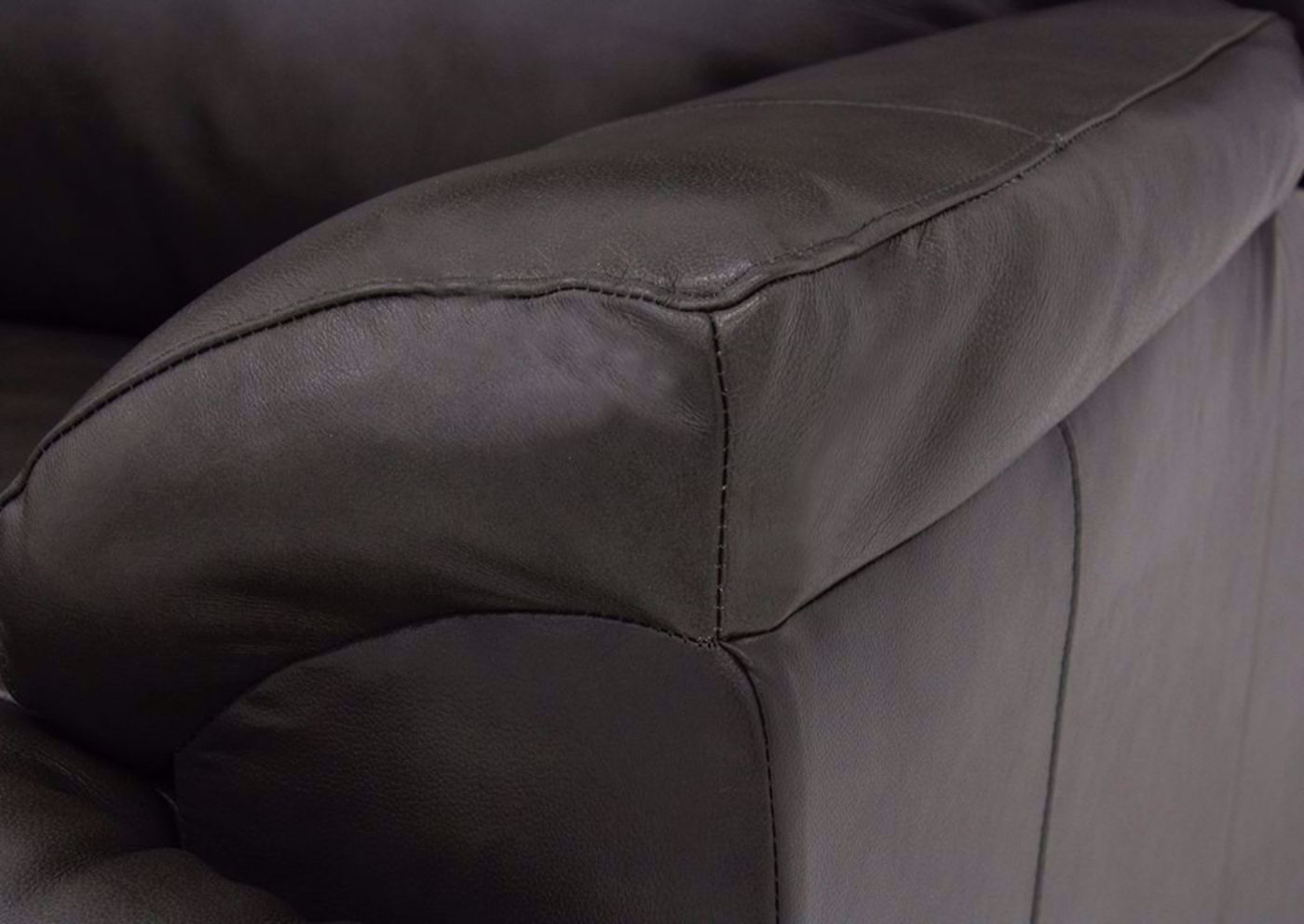 Close Up of Fog Gray Leather Stylish Arms with Accent Stitching on the Soft Touch Sofa, Loveseat and Chair | Home Furniture Plus Bedding