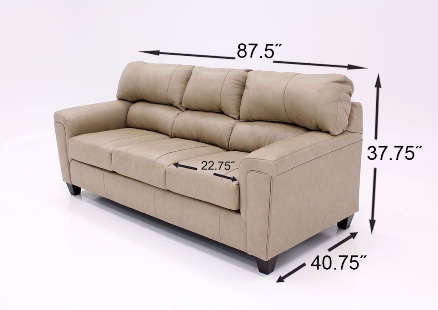 Dimension Details of the Soft Touch Sofa by Simmons Upholstery Covered in a Putty Cream Top Grain Leather | Home Furniture Plus Bedding