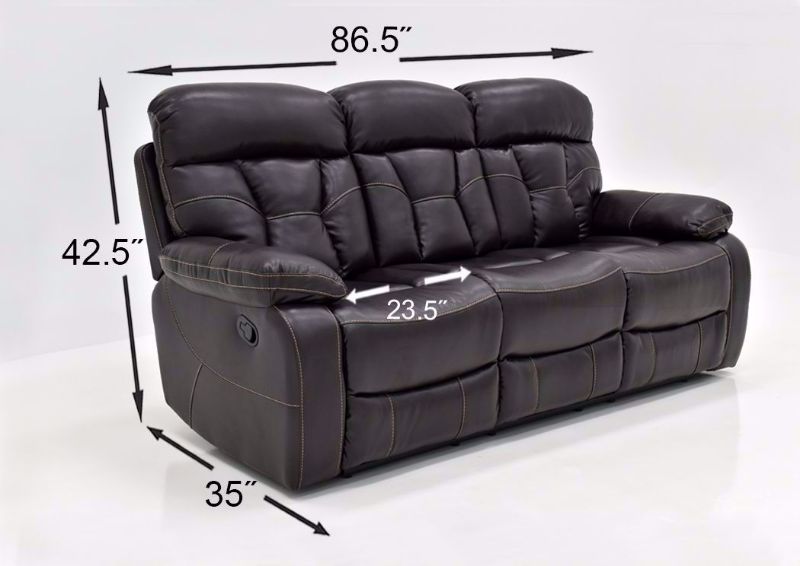 Dark Brown Peoria Reclining Sofa by Standard Showing the Dimensions | Home Furniture Plus Mattress