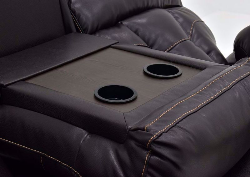 Dark Brown Peoria Reclining Sofa by Standard Showing the Drop Down Table Detail | Home Furniture Plus Mattress