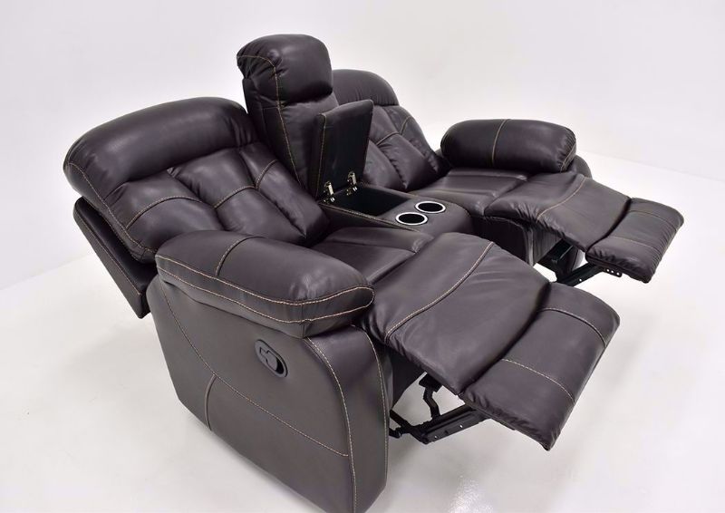 Dark Brown Peoria Reclining Loveseat by Standard Showing at an Angle in a Fully Reclined Position| Home Furniture Plus Mattress