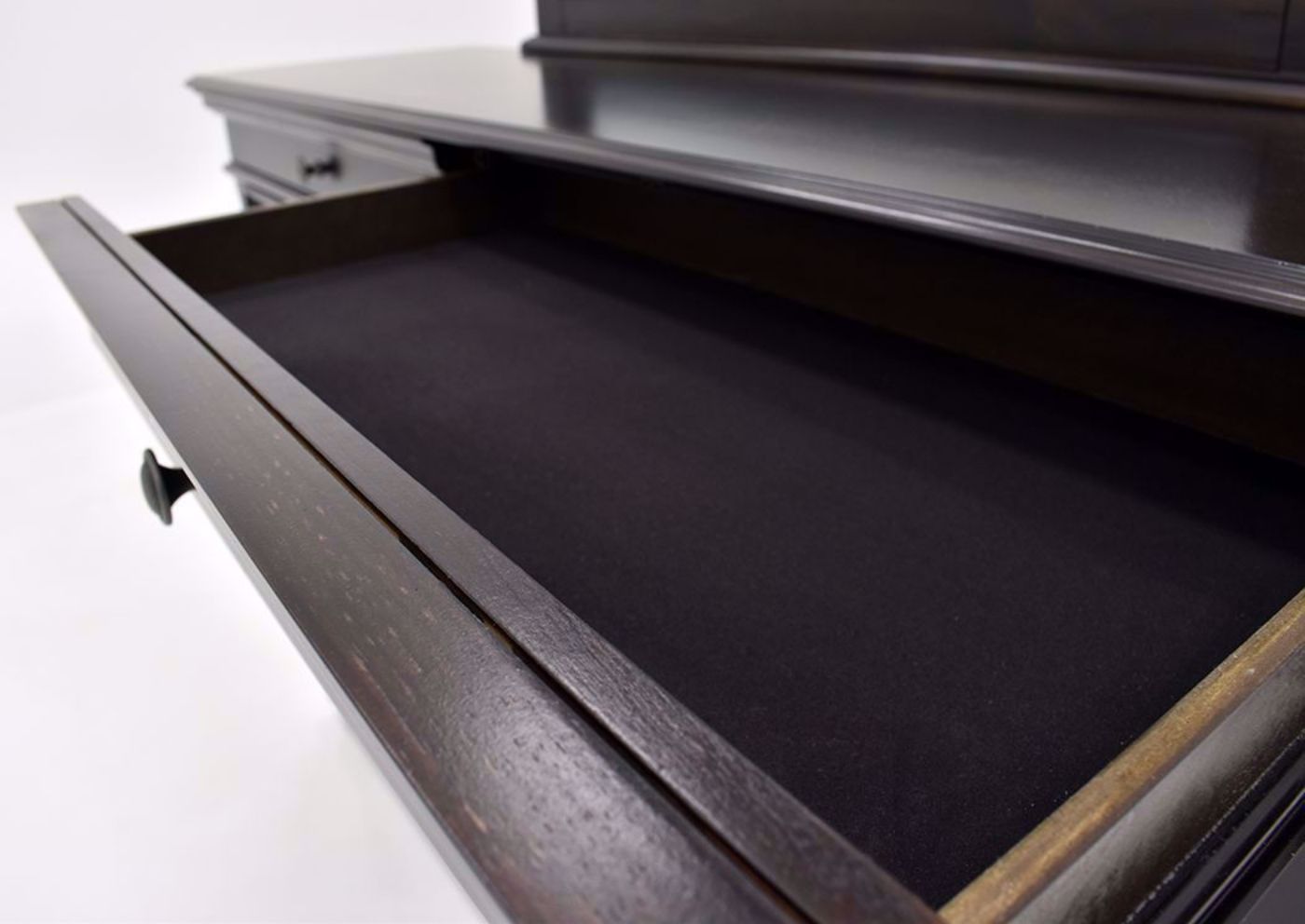 Dark Brown Brynhurst Dresser with Mirror by Ashley Furniture Showing the Felt Lined Top Drawer Interior Detail | Home Furniture Plus Mattress