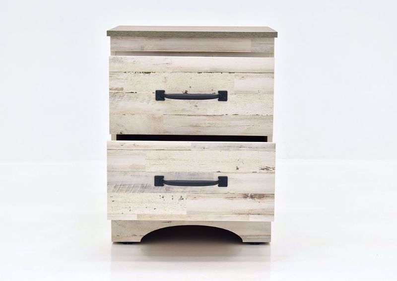 Rustic White Jourdan Creek Nightstand by Kith Facing Front with the Drawers Open | Home Furniture Plus Mattress