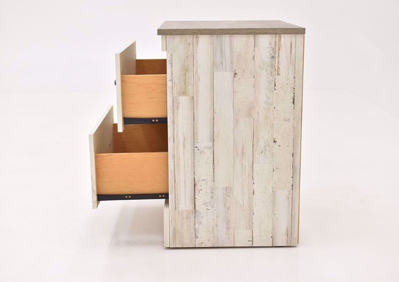 Rustic White Jourdan Creek Nightstand by Kith Showing the Side View With the Drawers Open | Home Furniture Plus Mattress