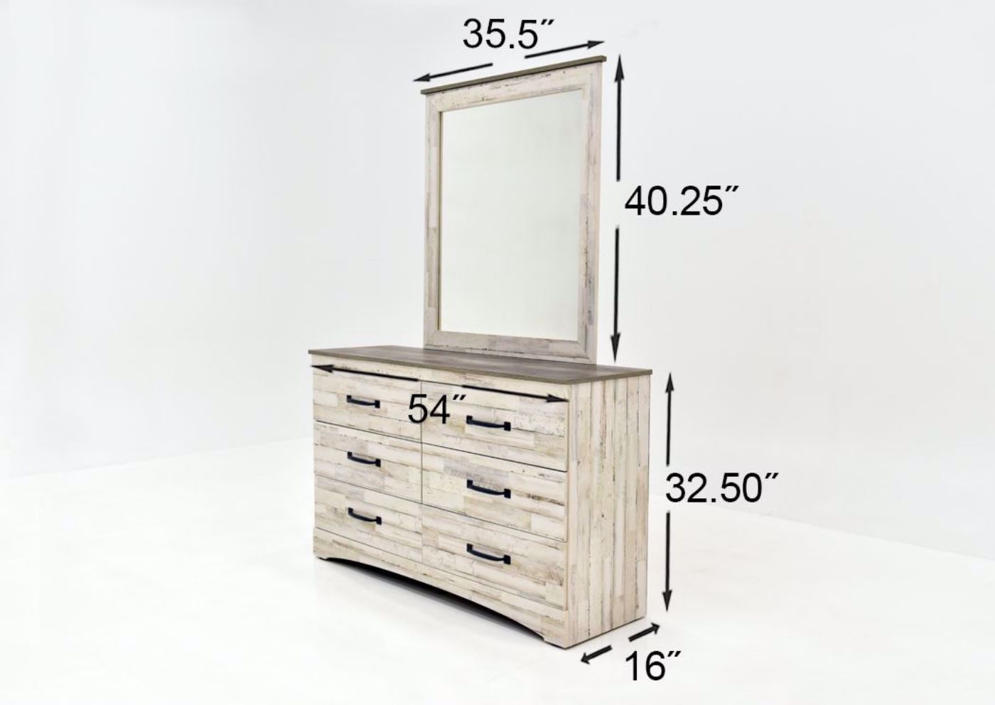 Rustic and Brown  White Jourdan Creek Bedroom Set Showing the Dresser with Mirror Dimensions | Home Furniture Plus Bedding