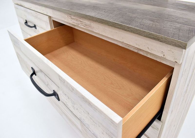 Rustic White Jourdan Creek Dresser with Mirror by Kith Showing the Drawer Interior Detail | Home Furniture Plus Mattress